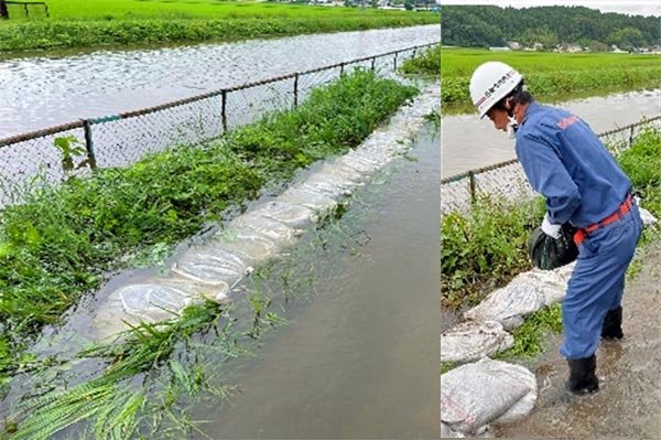 河南地区の浸水被害土のう積み